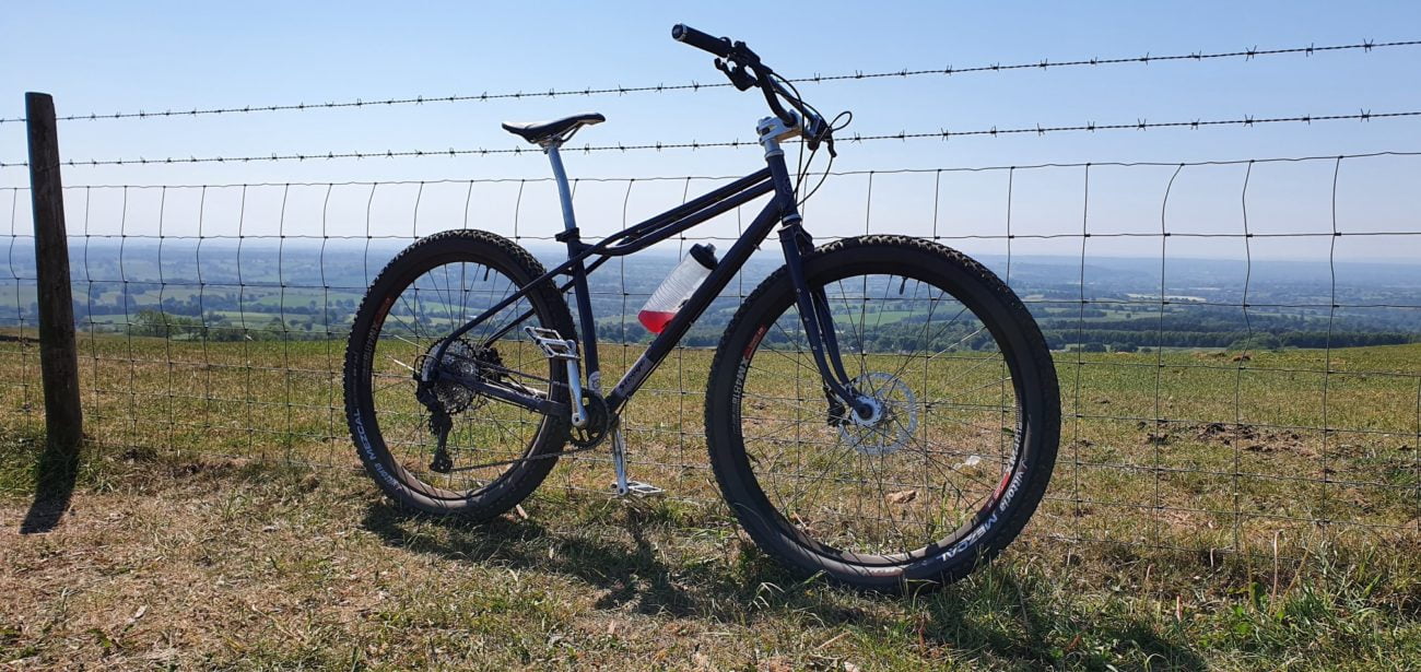 gravel bike leaning against fence with scenic view in background